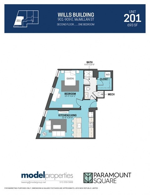 Floor plan for 1 bed, 1 bath, 693 sqft